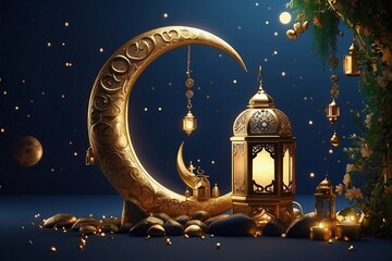 Wall Mural - 3d Crecent moon and lantern for Ramadan and Eid background design template with mosque for Muslim festival 