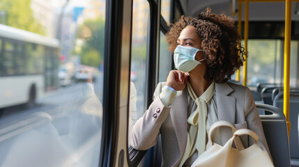 Poster - Young woman wearing a mask, sitting inside a bus or tram, looking out the window