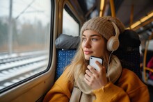 A Stylish Woman Sits On A Train, Gazing Out The Window As She Listens To Music And Chats On Her Phone, Her Winter Clothing Adding A Touch Of Warmth To The Cold Indoor Setting