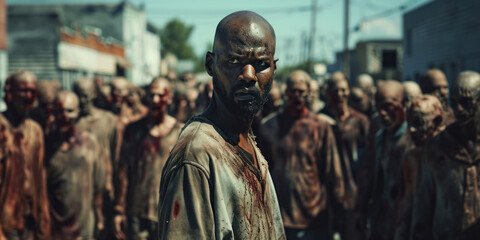 Fototapeta daytime portrait of a black man on a busy street filled with a crowd of zombies.