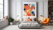 Eclectic guest room with a foldable Murphy bed and artistic Mockup poster blank frame