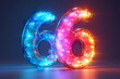 Number 66 - colorful glowing outline alphabet symbol on blue lens flare dark background