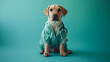 Playful Dog in Blue Shirt with Green Stethoscope