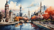 A Watercolor Big City Skyline