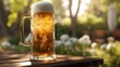 glass of beer on wooden table, a tall and frosty glass of traditional German beer, showcasing a golden hue and a frothy head, served in a beer garden setting