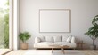 Minimalist living room showcasing a panoramic window and a single Mockup poster blank frame