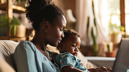 Canvas Print - Woman is sitting on a couch, holding a toddler on her lap while working on a laptop in a cozy home environment.