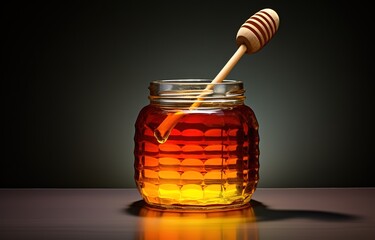 Wall Mural - A jar containing sweet orange honey is photographed with a blurred background