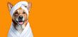 Banner with a portrait happy dog wrapped in a terry towel on a orange background with space for text or graphic design. Pet spa, dog grooming, pet grooming