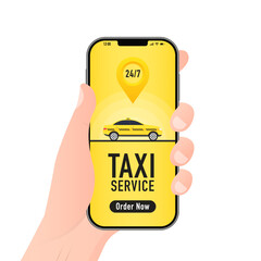Poster - Taxi service vector cab app design flyer. Taxi mobile for UI UX website. Taxi mobile application or ordering taxi online from smartphone concept. 24 hour service. Vector illustration