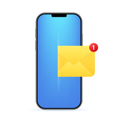 Poster - New sms or email notification on mobile phone on background. Envelope unread message from screen template. Chatting, mail, post, emblem with new notification for UI UX website. Vector illustration