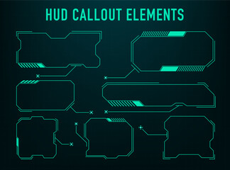 Callout screen interface in HUD style. Set of futuristic user screen interfaces. Modern digital layout of control panel. Hi-tech interface GUI and GUI element set. Vector illustration