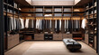 Modern luxury stylish dark brown wood walk in closet, minimal walk in wardrobe dressing room interior.
