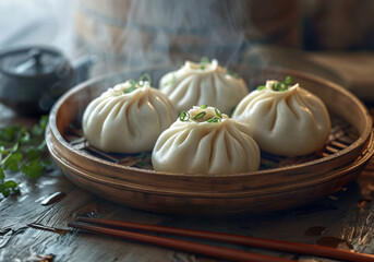 Poster - Chinese hot bao in a bamboo steamer box with green onions, on top of a wooden table, chopsticks on the side, in daylight