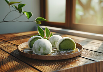 Wall Mural - Tasty matcha mochi on top of a wooden table in daylight, with plants on the side