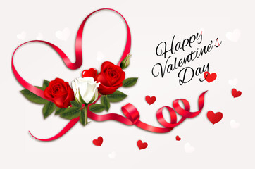 Leinwandbilder - Happy Valentine's Day beautiful background with red and white roses and red heart shape ribbon Vector.