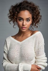 Wall Mural - A female model with curly hair and wearing a white top poses against a grey background