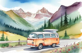 Fototapeta Londyn - camping van outdoors with rocky mountains on background, road trip concept, watercolor landscape.