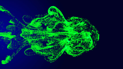 Poster - Green fluid particle dots.  Glowing fluid particles flow with a dark background; an abstract background with flying and flickering liquid particles as bokeh of light.