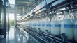 © lililia - a milk factory with a robotic factory line dedicated to the processing and bottling of milk, selective focus to highlight specific details within the manufacturing process.