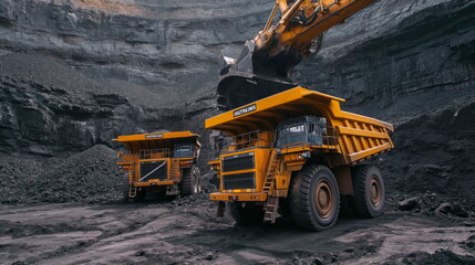 Wall Mural - Huge excavator loads coal into the back of a heavy mining dump truck, open pit coal mining