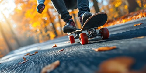 Poster - Skate park at a sunny day. Dynamic longboard in motion