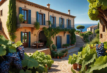 Beautiful seascape overlooking a beautiful villa in Italy in a village with a lot of space and a vineyard, vacation and winemaking concept,