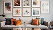 Multiple framed artworks arranged on a feature wall in a Nordic-inspired room