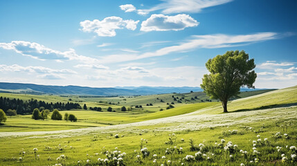 Wall Mural - Yellow flower on field and blue sky