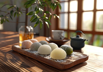 Wall Mural - Sweet mochis on a wooden board, teapot and teacup in the background, on top of a wooden table, in daylight