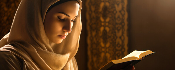 A young Muslim girl reads the Koran. Woman's prayer. Faith in God. Holy book.