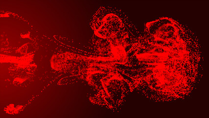 Poster - Red fluid particle dots are flowing. glow fluid particles flowing with a dark background; abstract background with flying and flickering liquid particles as bokeh of light.