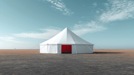 Wall Mural -  a large white tent with a red door in the middle of a desert plain under a blue sky with wispy clouds