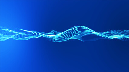 Poster - Flowing light blue dots on a deep blue background Abstract digital particle and dot wave light abstract background, cyber or technology background. 3d abstract