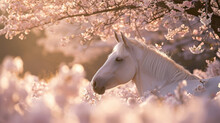 A White Horse Resting Under A Sakura Tree, Soft Pink Blossoms Framing The Scene, Gentle Sunlight Filtering Through, Creating A Peaceful, Dreamy Ambiance