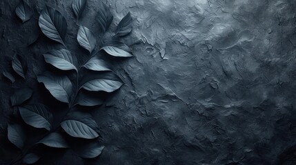 Poster -  a black and white photo of a leafy plant on the side of a stone wall with a dark background that is slightly blurry and slightly blurry to the foreground.