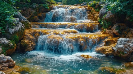 Sticker -  a small waterfall in the middle of a forest filled with lots of green and yellow mossy rocks and water cascading down the sides of it's sides.