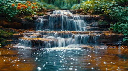 Poster -  a small waterfall in the middle of a forest filled with lots of green plants and orange flowers on the other side of the waterfall is a small pool of water.