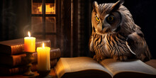 A Sick And Week Owl On The Bool Trying In Search Of Treatment In Candle Light Feeling Serious Condition.