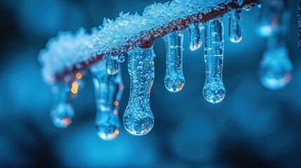 Wall Mural -  a group of icicles hanging from a tree branch covered in snow and icicles on a cold winter day in the snow and ice covered area of a city.