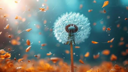 Poster -  a dandelion is blowing in the wind in a field of orange and blue flowers in the foreground is a blurry background of leaves and a blue sky.