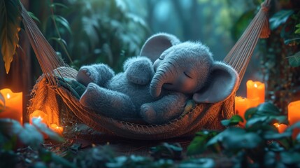 Poster -  a baby elephant is sleeping in a hammock with its head on the baby elephant's back and it's head on the other end of the hammock.