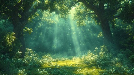 Poster -  a forest filled with lots of green trees and lots of sunlight shining through the leaves on the branches of the trees and on the ground is a yellow patch of grass.