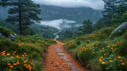 Wall Mural -  a dirt road in the middle of a forest with orange flowers on the side of the road and a mountain in the distance with low clouds and low lying clouds in the distance.