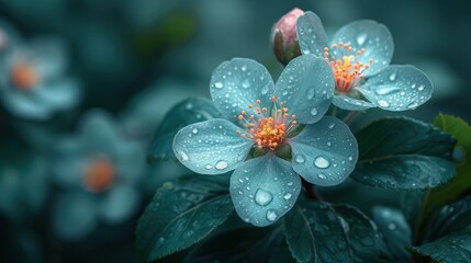 Canvas Print -  a close up of a blue flower with water droplets on it's petals and green leaves with green leaves in the background and a blue sky in the background.