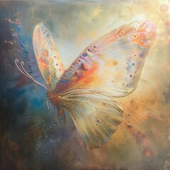 Wall Mural -  a painting of a butterfly flying through the air with bubbles on it's wings and a blue sky in the background with white, yellow, pink, red, orange, and blue, and yellow colors.