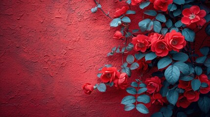 Canvas Print -  a red wall with a bunch of red flowers growing out of the middle of it and green leaves on the top of the wall and bottom half of the wall.