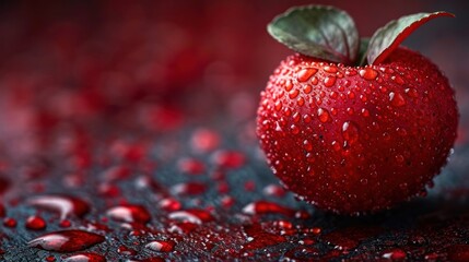 Wall Mural -  a red strawberry sitting on top of a table covered in drops of water with a green leaf sticking out of the middle of the top of the top of the fruit.