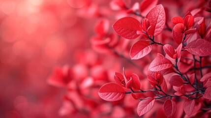 Canvas Print -  a branch with red leaves in front of a red and white boke of light and a blurry background of red leaves in the foreground of the image.