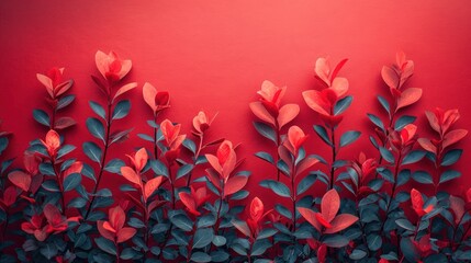 Poster -  a red wall with a bunch of green leaves on it and a red plant on the right side of the wall and a red plant on the left side of the wall.